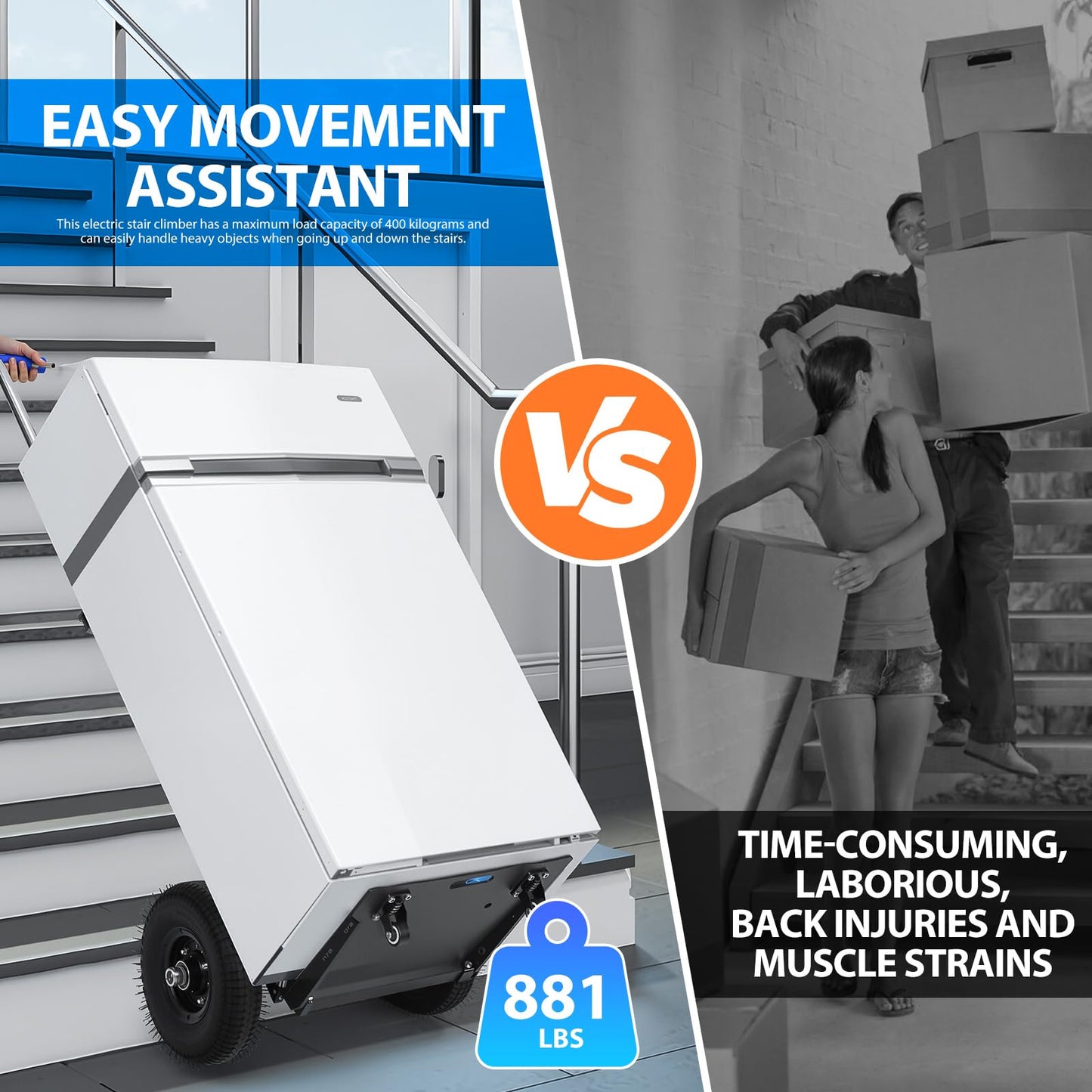 Electric Stair Climbing Dolly: 1200W 880lbs Load Motorized Hand Truck with Telescopic Handle - 3 Mode Folding Stair Climber Hand Trucks for Moving Furniture Fridge Appliance