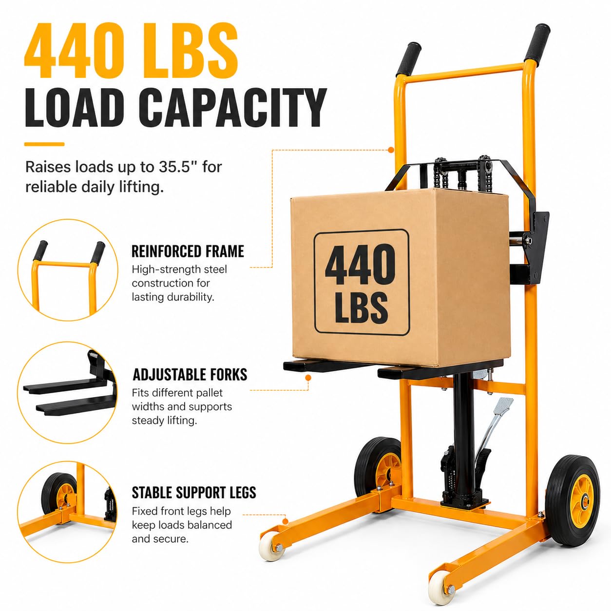 440lbs Hydraulic Material Lift Stacker, 35.5" Max Height, Fork Lift with Adjustable Forks, Manual Pallet Stacker Lift Dolly with Fixed Legs, Manual Forklift for Supermarket, Warehouse and Household
