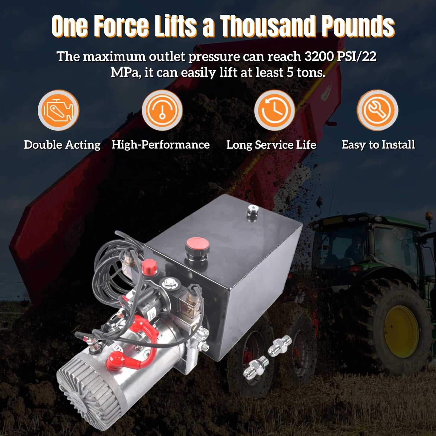 12V Hydraulic Pump, 20 Quart Single Acting, 3200 PSI Dump Trailer Power Unit - SAE #6 Ports, Heavy Duty DC Motor - for Trailers & Industrial Use Mixizap