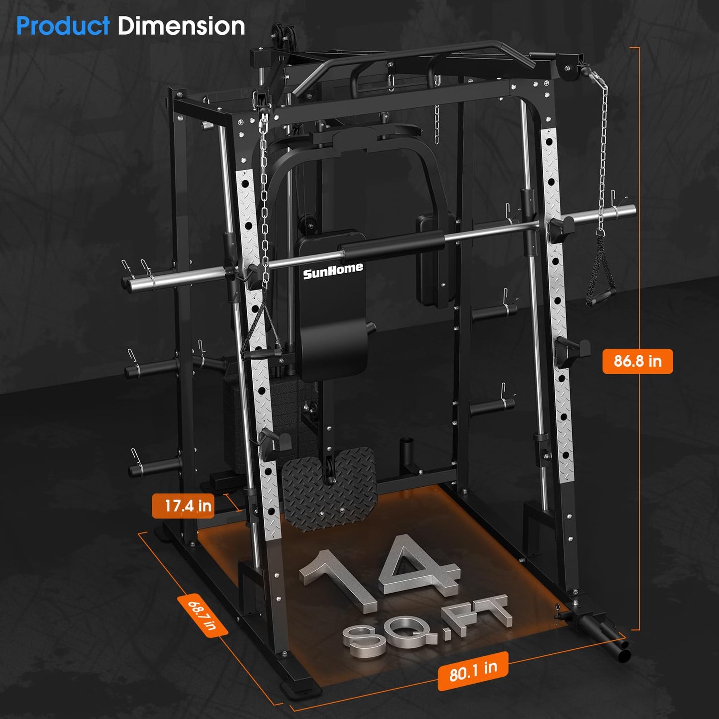 SunHome Smith Machine with 120LBS Weight Stack, 2000LBS Power Cage Squat Rack with Smith Bar, Two LAT Pull-Down Systems, Cable Crossover Machine and and More Cable Attachment for Home Gym