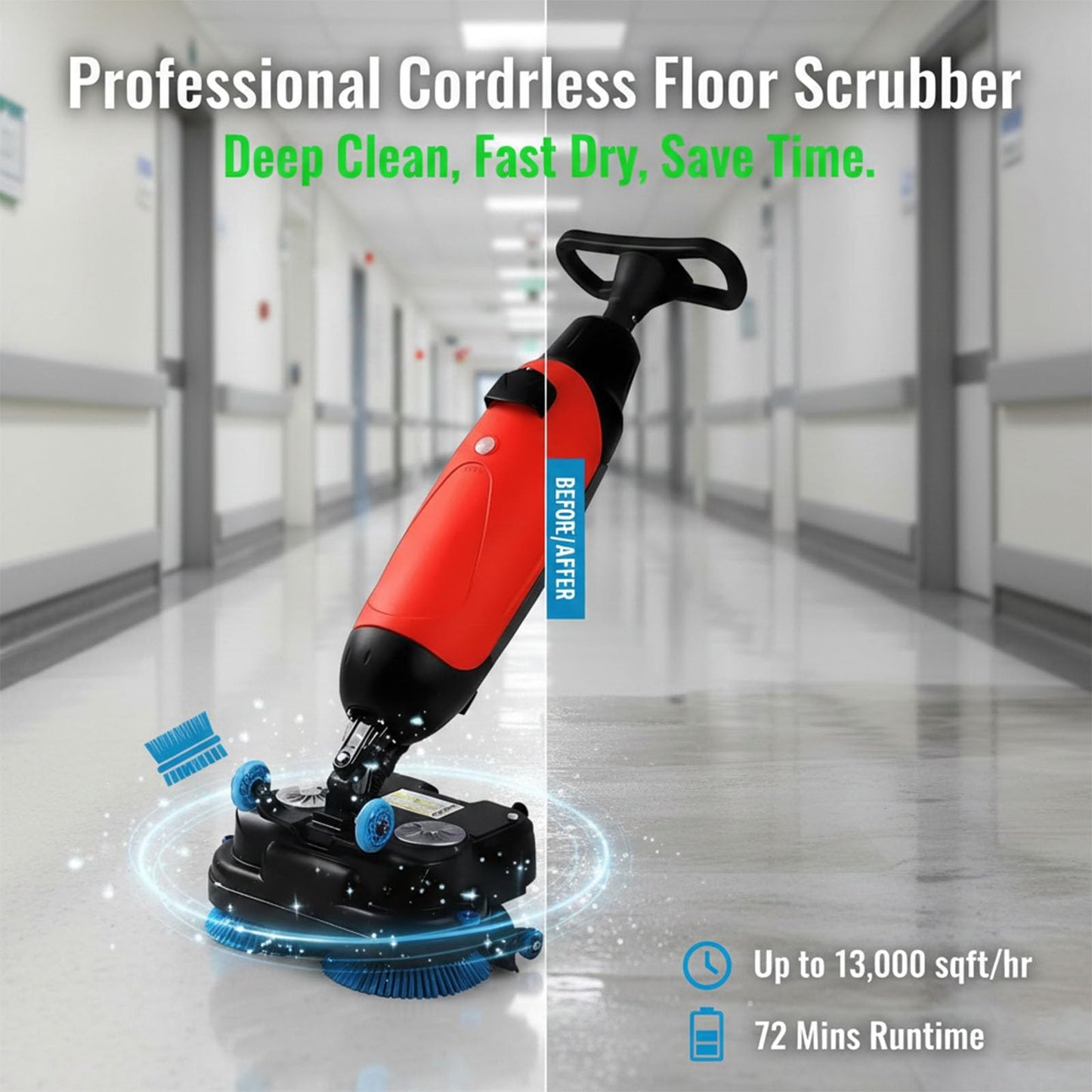 Efficieran Commercial Floor Washer And Buffer, Walk Behind Electric Floor Scrubber Machine For Concrete, Vinyl And Luxury Wood, 360° Rotating Head Portable Cleaner, Cordless