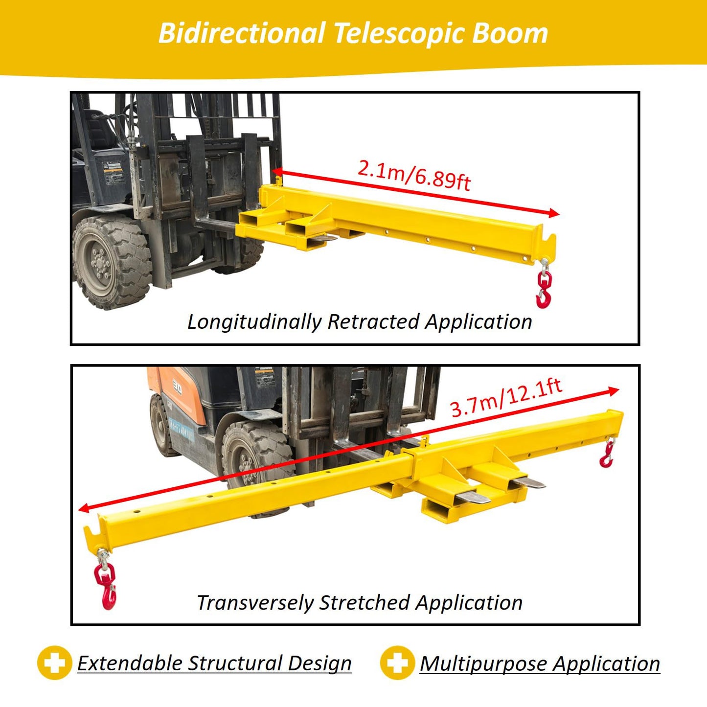WYDDDARY 4409.25LB Transverse and Longitudinal Bidirectional Forklift Telescopic Boom Dual-Purpose Adjustable Mobile Crane Lifting Hoist Truss Jib Boom for Lifting and Hoisting