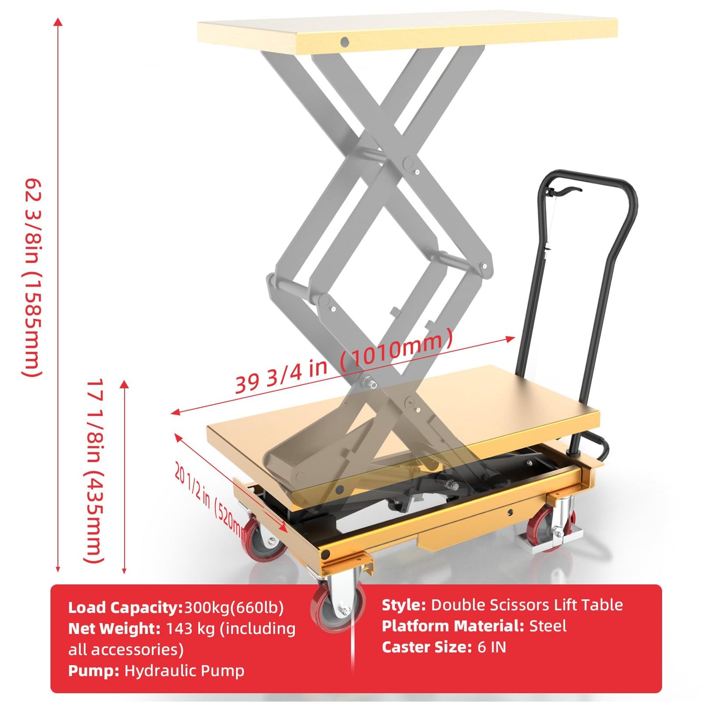 ZKH Hydraulic Lift Cart, 660lb Capacity, 63" Max Lifting Height, Single Scissors Lift Table with Locking Wheels and Overload Bar for Safe Operations, Ideal for Material Handling and Freight Lifting