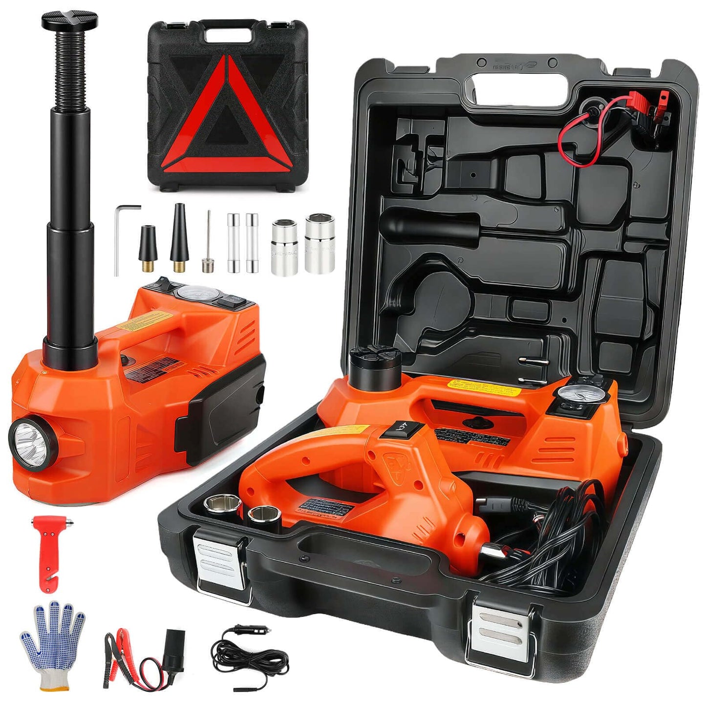 SEICETEC Electric Car Jack, 5 Ton Hydraulic Floor Jack with Electric Impact Wrench, Tire Inflator & LED Light, Lift Range 6.1-17.7 Inch, Emergency Roadside Tire Changing Kit for SUV Sedan Truck