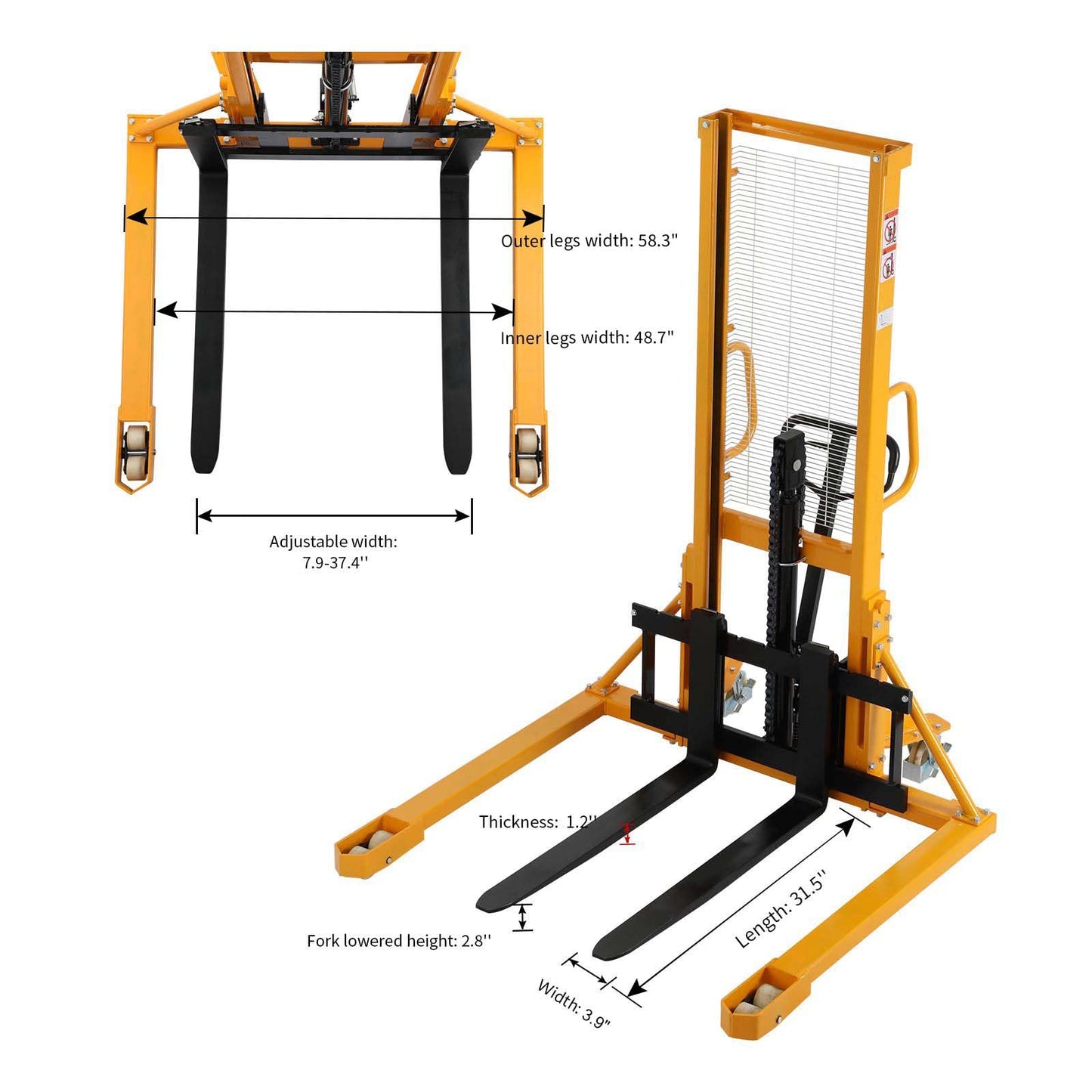 APOLLOLIFT Manual Forklift Pallet Straddle Legs Stacker Material Lifter 63" Lifting Height 2200lbs Max.Capacity-2PCS