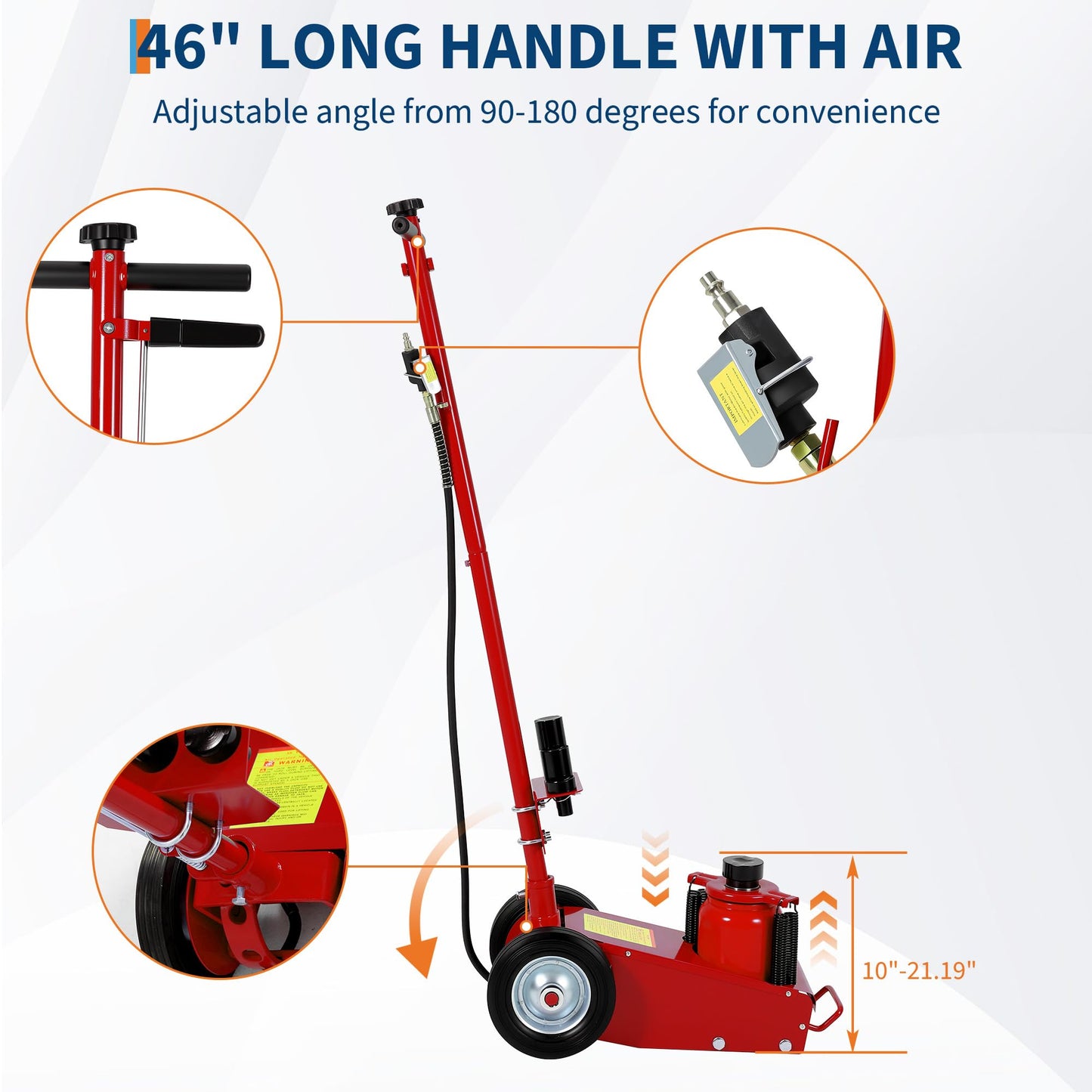 35 Ton Air Hydraulic Floor Jack for Heavy Duty Trucks & Tractors – 77,000 LBS Capacity, Low Profile (10"-21.19"), 4 Adapters (10/25/60/100mm), 46" Adjustable Handle – Dual Power (Air/Hydraulic)