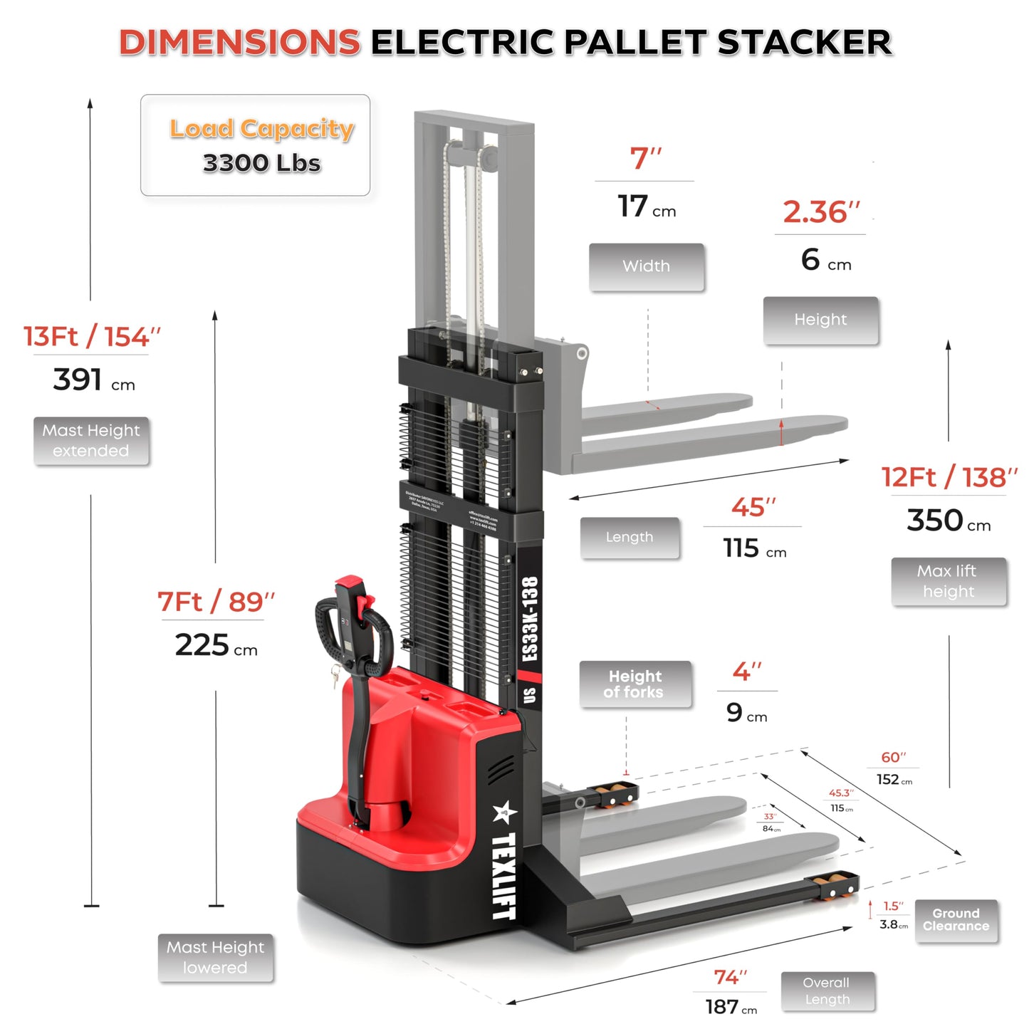 TEXLIFT Full Electric Forklift Walkie Pallet Stacker with Fixed Straddle Legs and Adjustable Forks 5.50 Inch to 27 Inch – Material Lifter 3300lbs Capacity 138 Inch Lifting Heights - 2 Pack
