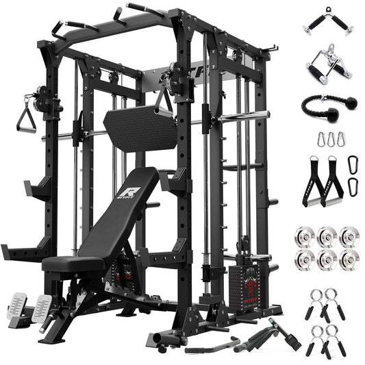 RitFit Buffalo Smith Machine Package, All-in-One Power Cage with Weight Stack , Power Rack with Cable Crossover & Leg Press Attachment for Home Gym