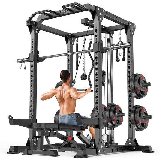 XGSW XINGESIWR Multi-Purpose Squat Rack,Smith Machine Weight Rack Set with Cable Crossover System, Home Gym Power Racks, Power Racks and Packages (L01, Power cage Black+Bench+Cast lron 220LBS)