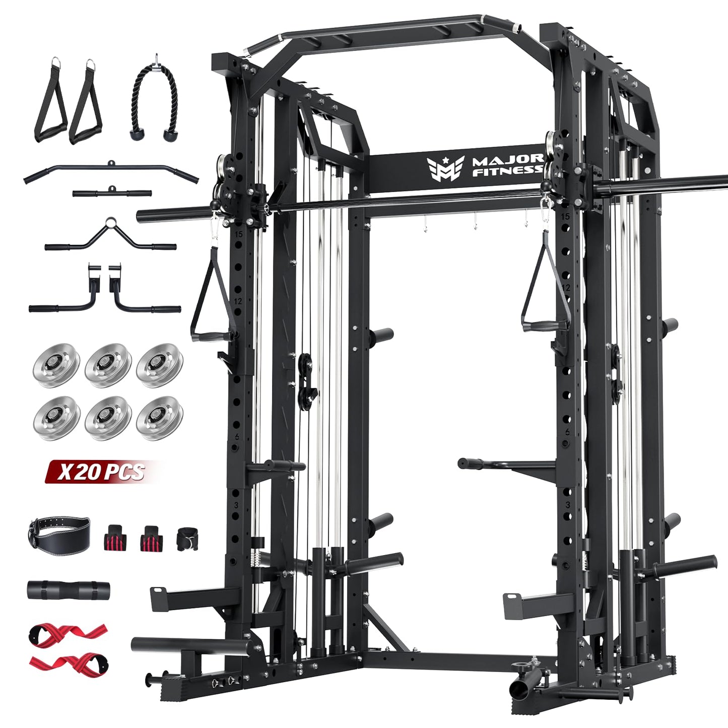 Major Fitness Drone2 Advanced Smith△ Machine – All-in-One Home Gym Squat Rack with Aluminum Pulley Set , Weight Bar, Dual LAT Pull-Down Systems & Cable Crossover Machine for Full-Body Workouts