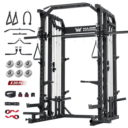 Major Fitness Drone2 Advanced Smith△ Machine – All-in-One Home Gym Squat Rack with Aluminum Pulley Set , Weight Bar, Dual LAT Pull-Down Systems & Cable Crossover Machine for Full-Body Workouts