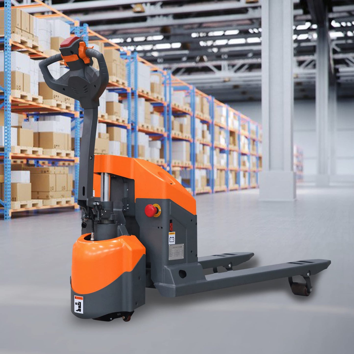 Tory Carrier Electric Powered Pallet Jack Truck, w/Emergency Key Switch 3300lbs Cap. 48" x 27" Electric Pallet Truck with Built-Out Charger