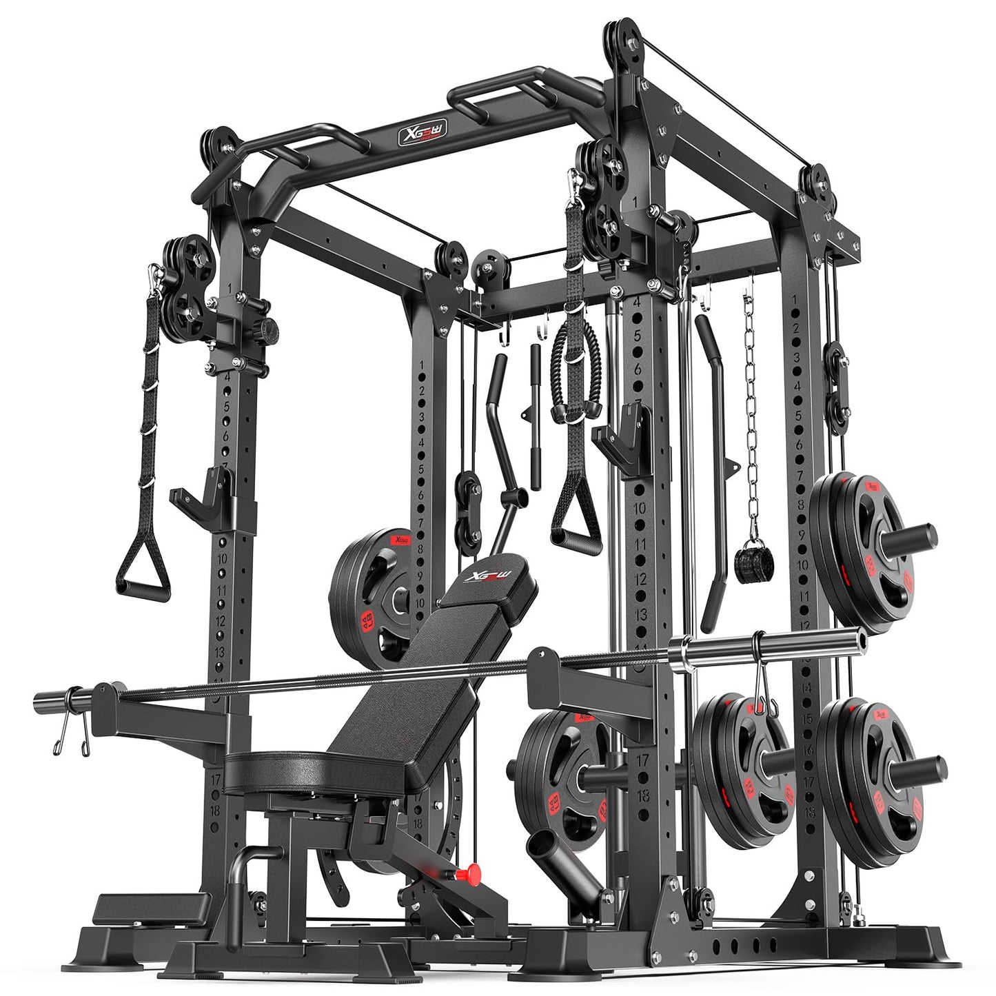 Power Rack Power Cage Multi-Function Squat Rack with Cable Crossover System Selectable More Training Attachment Power Rack for Garage & Home Gym (Black, C Set L02+Weight Bench+（pole+Cast Iron）182LBS)