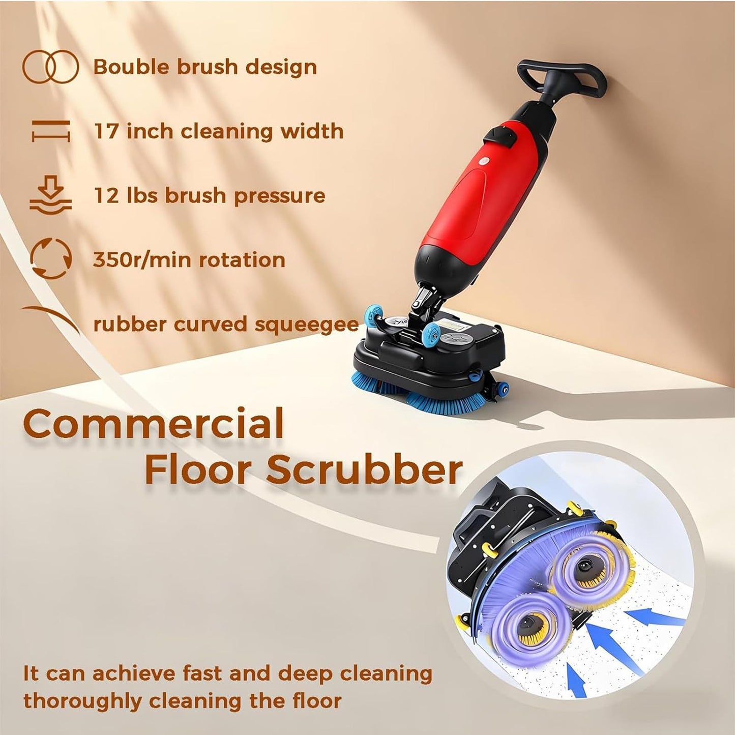 TDSYOCG Commercial Floor Scrubber & Floor Polisher Machine, 17" Cordless Electric Mop, Walk Behind Floors Scrubber with Brushes, Professional Floors Buffer Polisher for Concrete, Tile and Hardwood