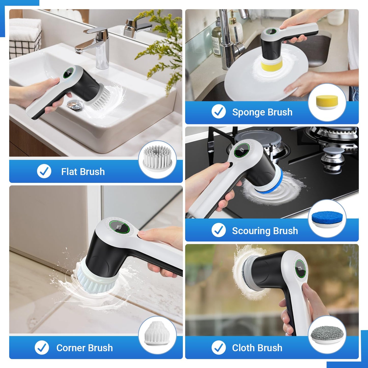 PUFTEM Electric Spin Scrubber, Cordless Shower Scrubber with Battery Level Display, 2 Speeds Electric Scrubber for Cleaning with 6 Replaceable Heads, Cleaning Brush for Bathroom/Sink/Window