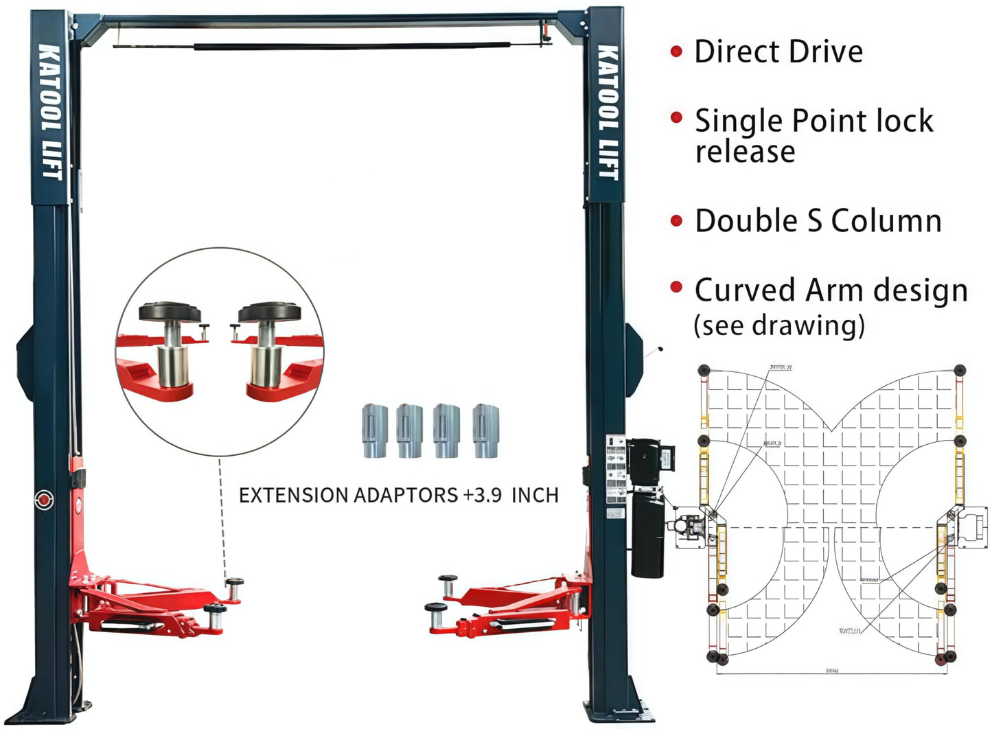 11000 Lbs 2 Post Lift Single Point Lock Release Direct Drive (no Chain) Car Lift with Asymmetry 3+2 Arm with 3.0HP Bucher Pump KT-AS110D Auto Lift Two Post Lift