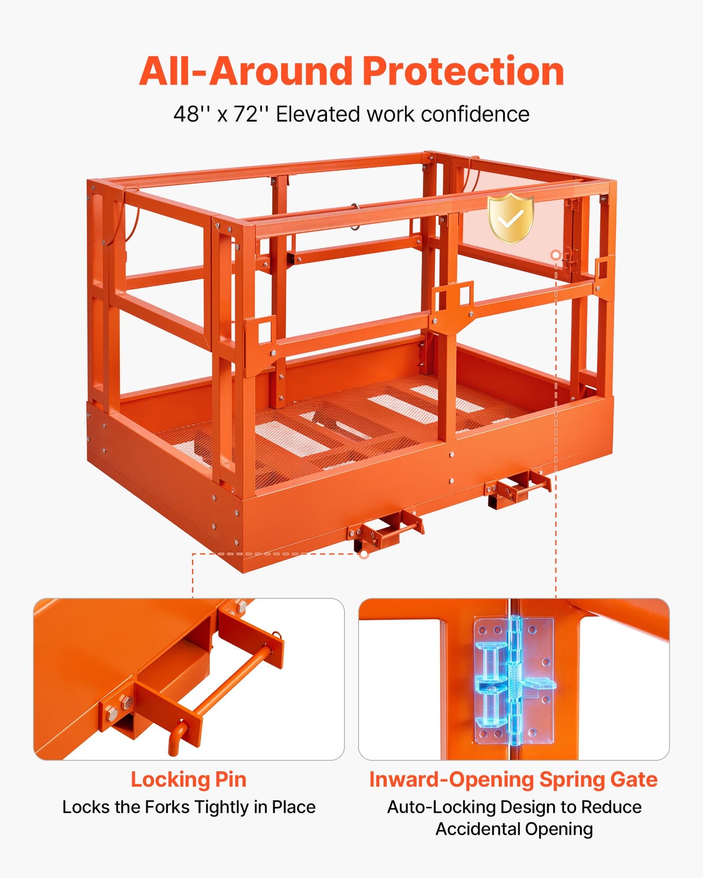 VEVOR Mesh Telehandler Work Platform, 48 x 71.5 Inch Man Safety Basket, 2000 lbs Capacity Forklift Telehandler Attachment, Safety Cage, Heavy Duty Carbon Steel, for Most Aerial Jobs Lifting Loader