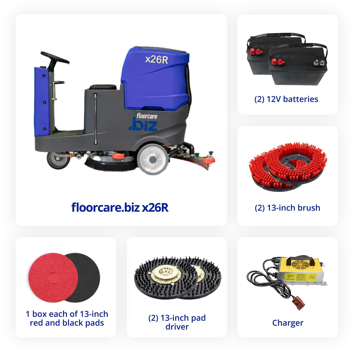 USA-CLEAN X26R Ride-On Auto Floor Scrubber Machine Bundle - 26" Cleaning Path, Battery-Powered, Large Tank Capacity - Includes Pad Drivers and Cleaning Pads