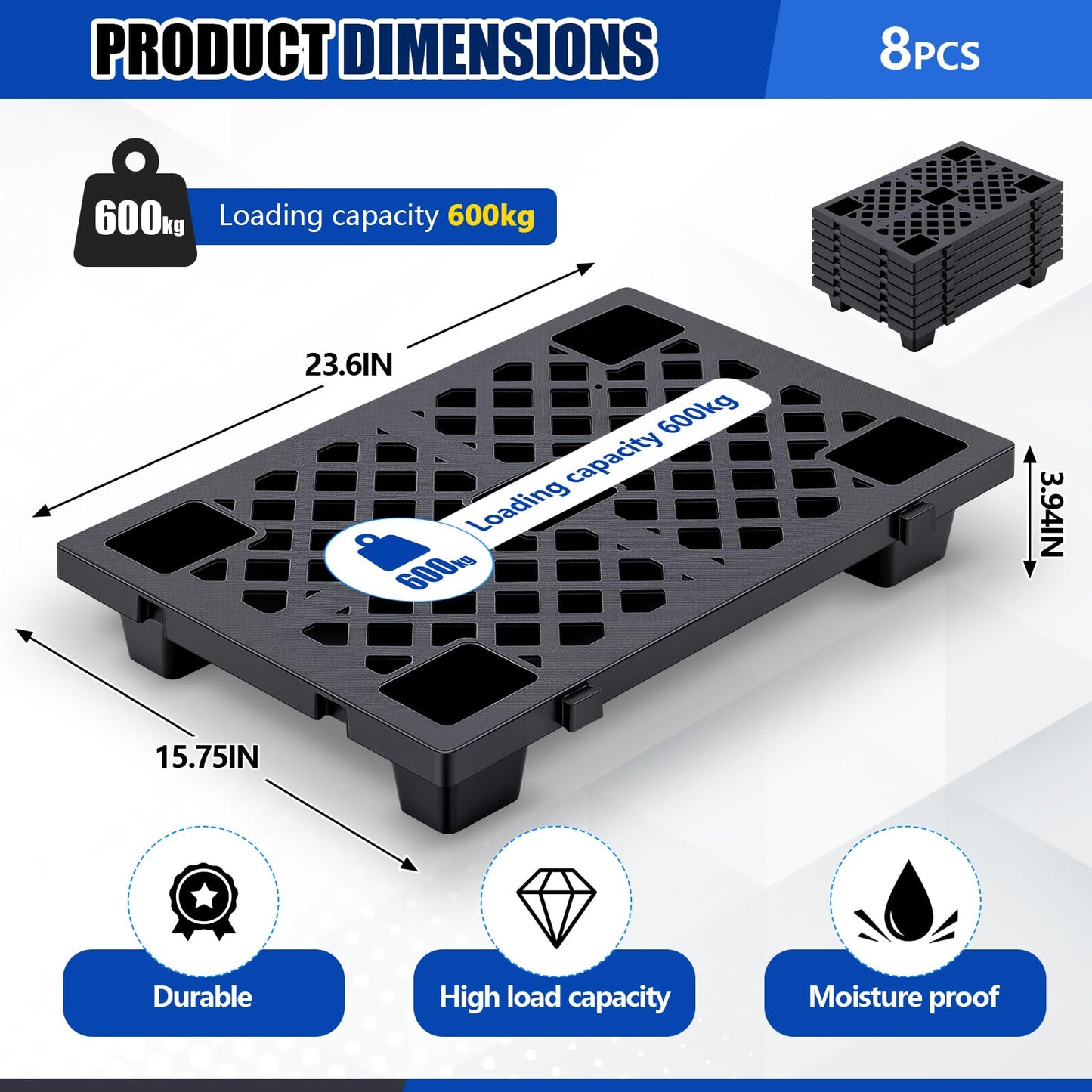 Singhoow 8 Pcs Plastic Pallets for Basement Storage Nestable Moisture Waterproof Lightweight Floor Pallets with Breathable Grid for Indoor Outdoor Supermarket Warehouse (23.6 x 15.8 x 3.9 Inch,Black)