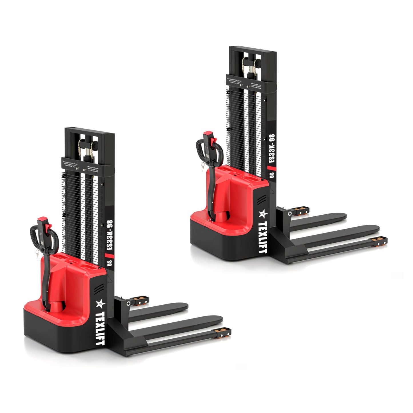 TEXLIFT Full Electric Forklift Walkie Pallet Stacker with Fixed Straddle Legs and Adjustable Forks 5.50 Inch to 27 Inch – Material Lifter 3300lbs Capacity 98 Inch Lifting Heights - 2 Pack