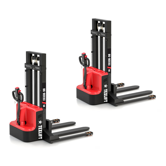 TEXLIFT Full Electric Forklift Walkie Pallet Stacker with Fixed Straddle Legs and Adjustable Forks 5.50 Inch to 27 Inch – Material Lifter 3300lbs Capacity 98 Inch Lifting Heights - 2 Pack