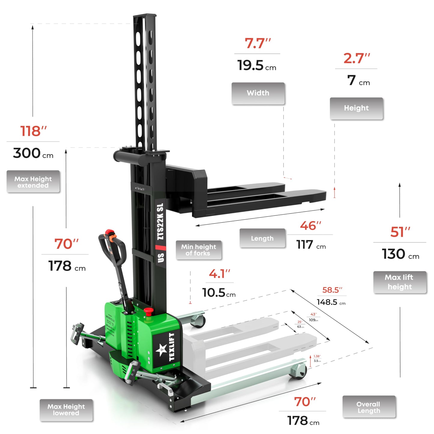 Full Electric Self-Loading Pallet Stacker - 2200 Lbs Capacity Walkie Forklift with 51 Inch Lift Height, Lifting Truck Cargo with Fixed Straddle Legs and Adjustable 46 Inch Forks - (US-ZTS22K-SL)