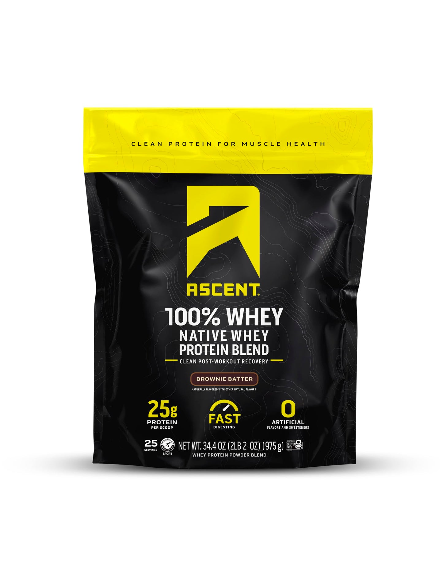 Ascent 100% Whey Protein Powder - Post Workout Whey Protein Isolate, Zero Artificial Flavors & Sweeteners, Gluten Free, 5.5g BCAA, 2.6g Leucine, Essential Amino Acids, Brownie Batter 1.7 lb