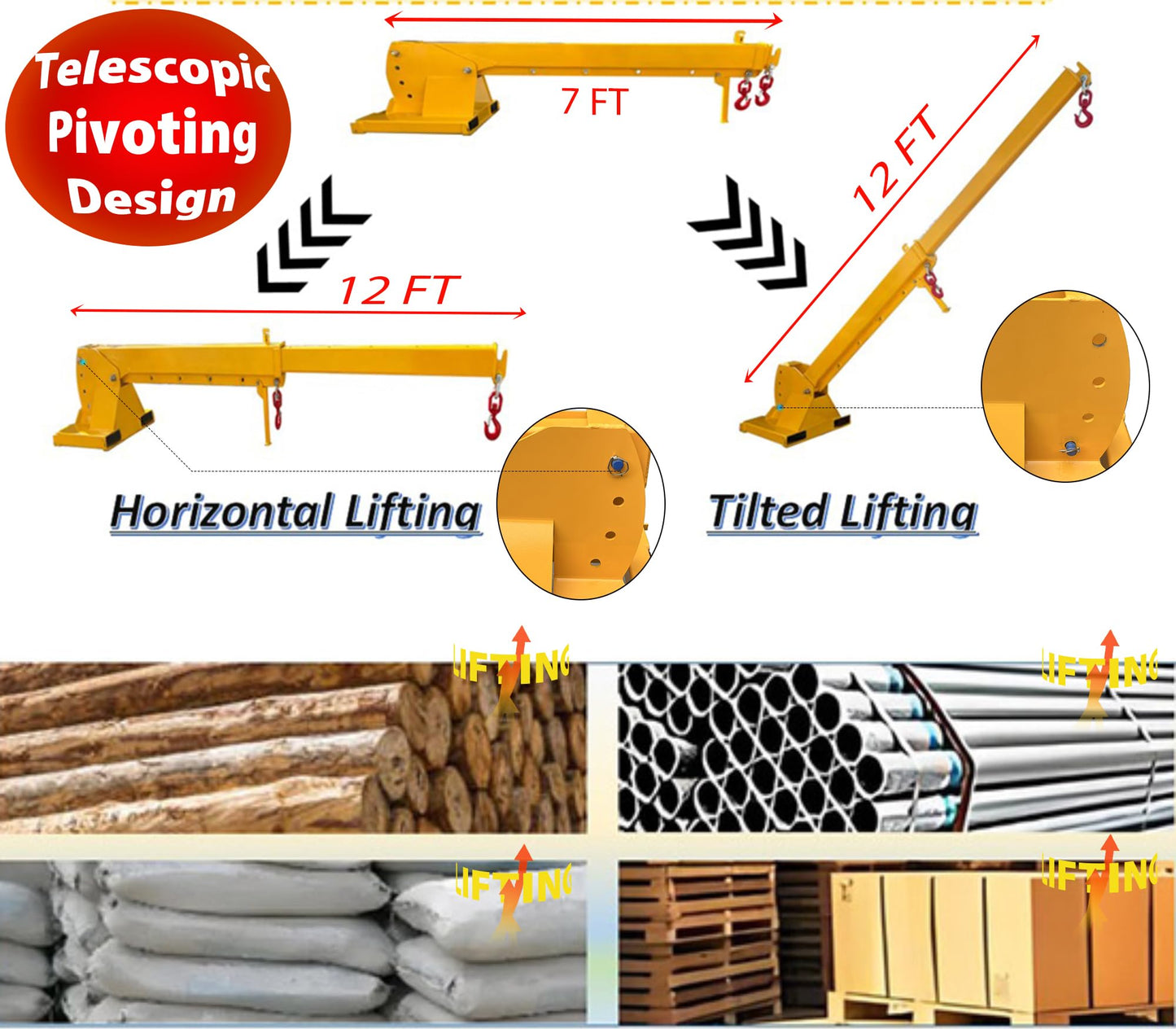 IntXanth 6600Lbs Telescopic Pivoting Fork Lift Booms with 2 Hooks, 4 Increasing Angles, Forklift Boom Extension to 12', Telescoping Forklift Boom Attachment