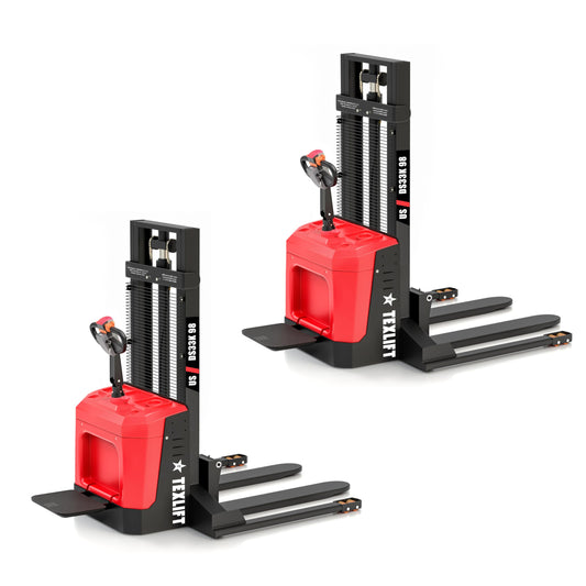 Full Electric Forklift Walkie Pallet Stacker with Stand - Fixed Straddle Legs and Adjustable Forks 5.50 Inch to 27 Inch – Material Lifter 3300lbs Capacity 8Ft/98 Inch Lifting Heights - 2 Pack