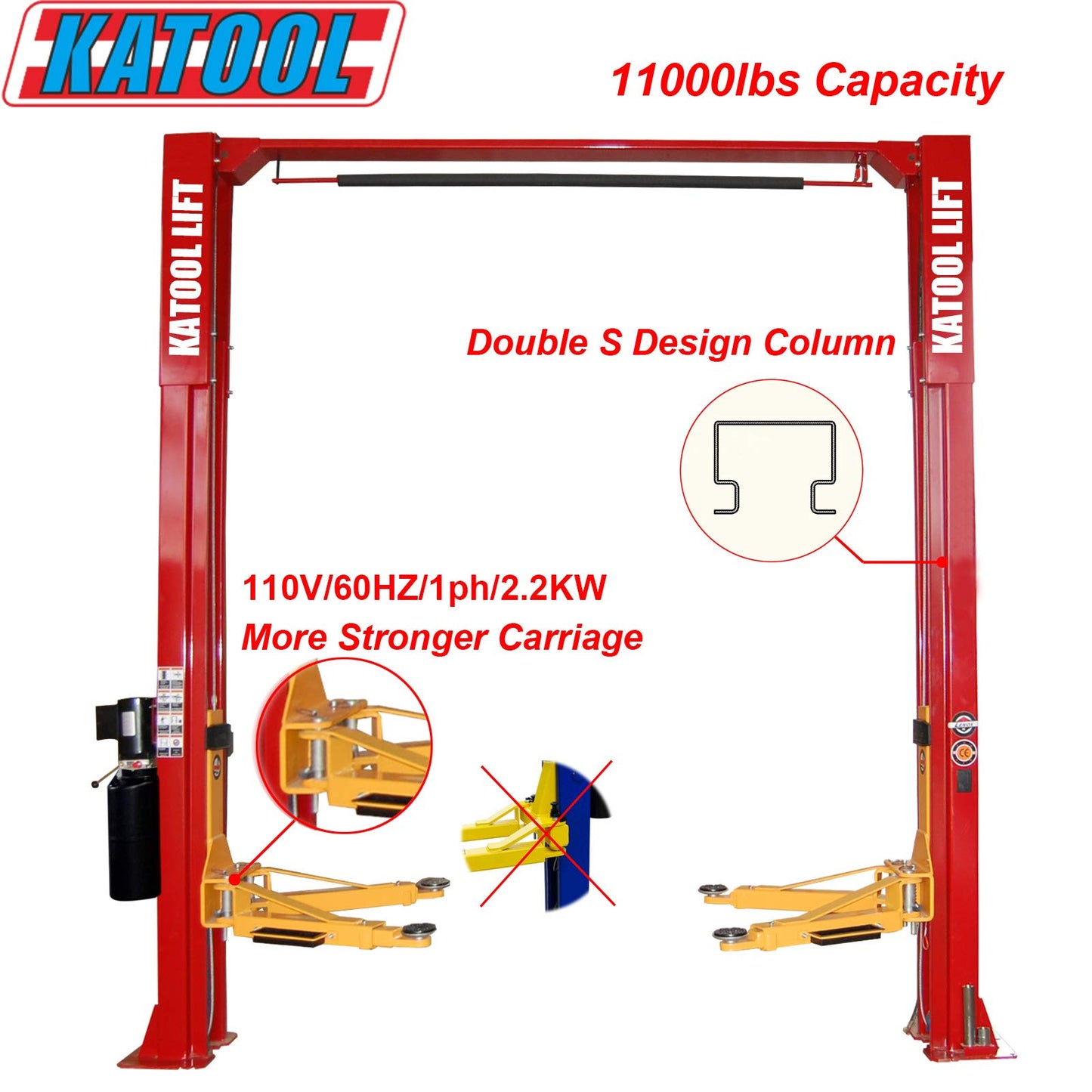 KATOOL Two Post Lift 11000 lbs, Clearfloor Home Lift Auto Lift, 110V/60HZ/1PH/2.2KW, Garage equipments KT-M110