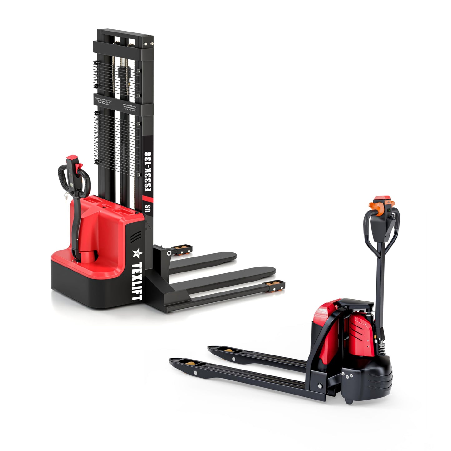Electric Pallet Stacker & Jack Combo – 3300 lb Capacity, 138″ Lift Walkie Stacker + 48″x27 Fork Electric Pallet Jack, Battery Powered Warehouse Material Handling Equipment