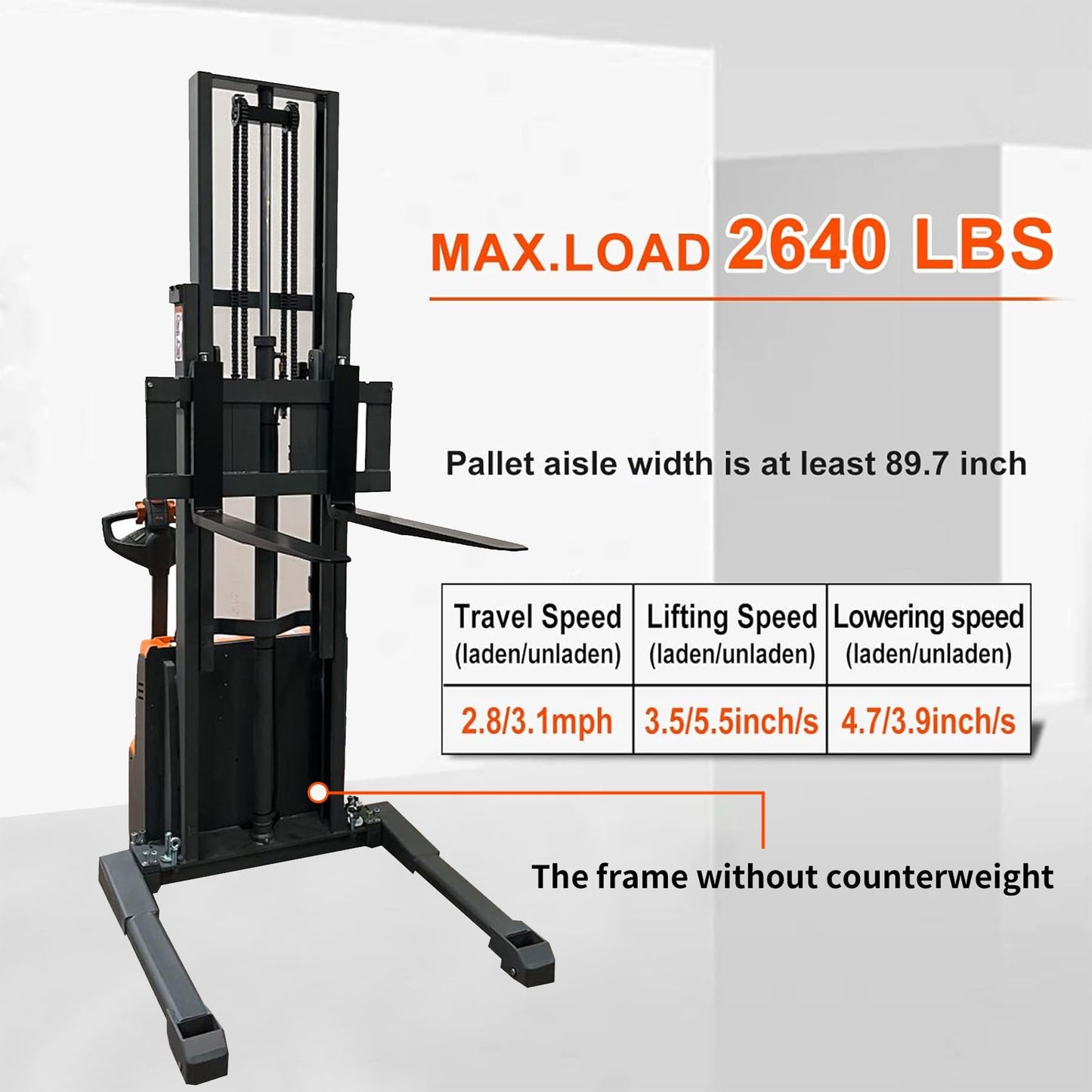 Tory Carrier Full Electric Walkie Pallet Stacker with Straddle Legs 2640lbs Capacity Material Lift 118”Height