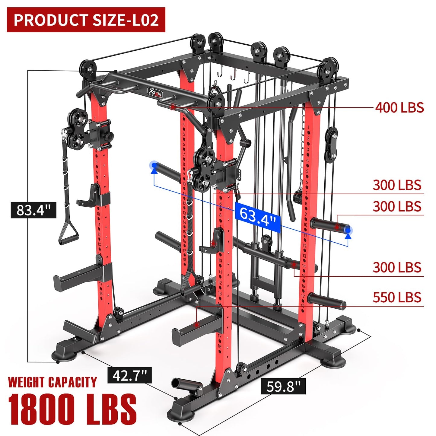 XGSW XINGESIWR Multi-Purpose Squat Rack,Smith Machine Weight Rack Set with Cable Crossover System, Home Gym Power Racks, Power Racks and Packages (L02, Power cage Red+Bench+Color BP 230LBS)