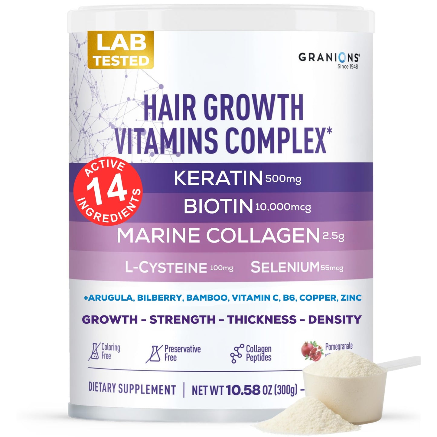 Granions Hair Supplements for Hair Growth Powder - 35,000 mcg biotin Collagen Keratin, Strength, Thickness, Loss Support for Women and Men - Collagen Peptides, Biotin 10,000, Keratin, Aminos - 10.5oz