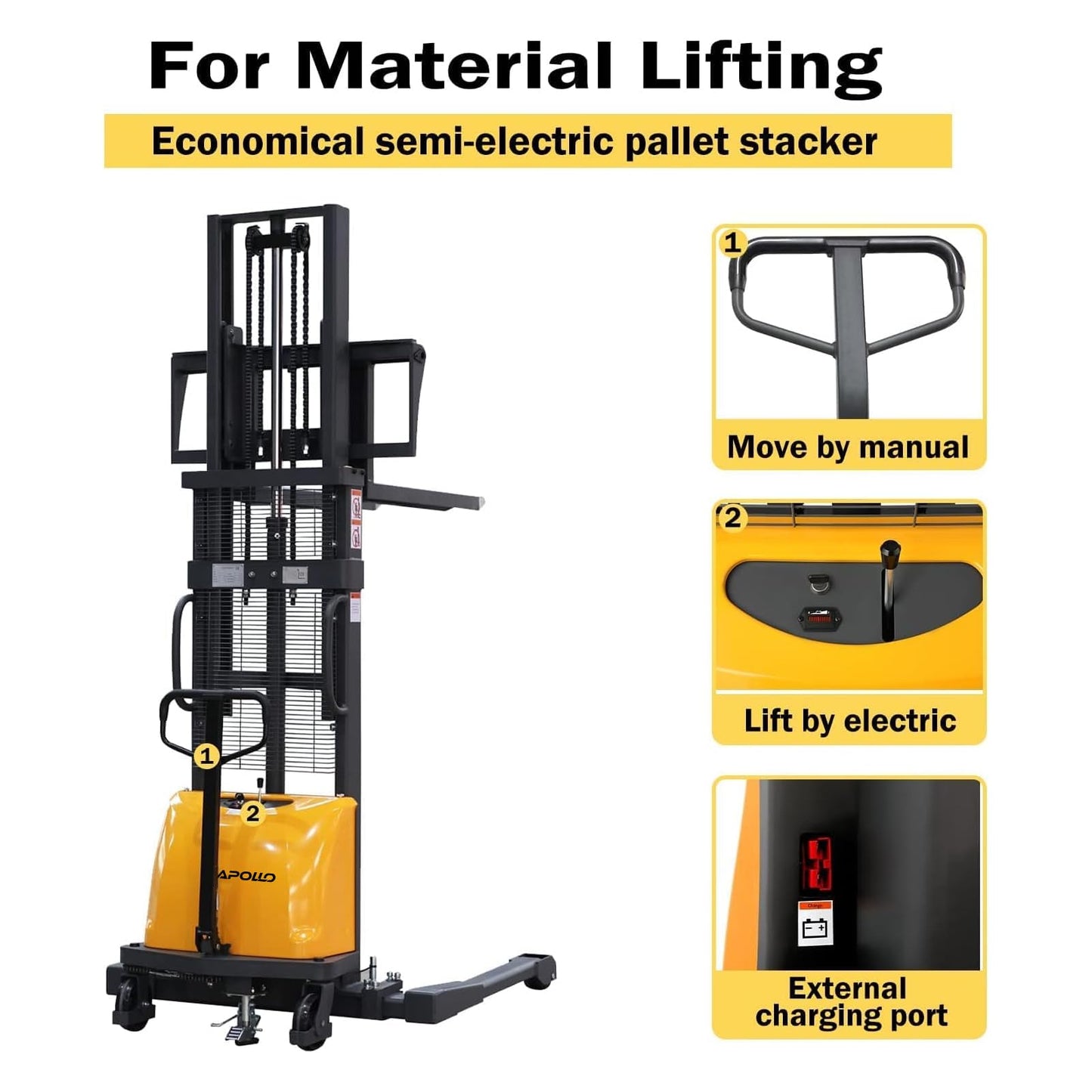 APOLLOLIFT Semi-Electric Stacker, Pallet Stacker 3300 lbs Capacity 118" Lifting Height, with Straddle Legs and Adjustable Forks