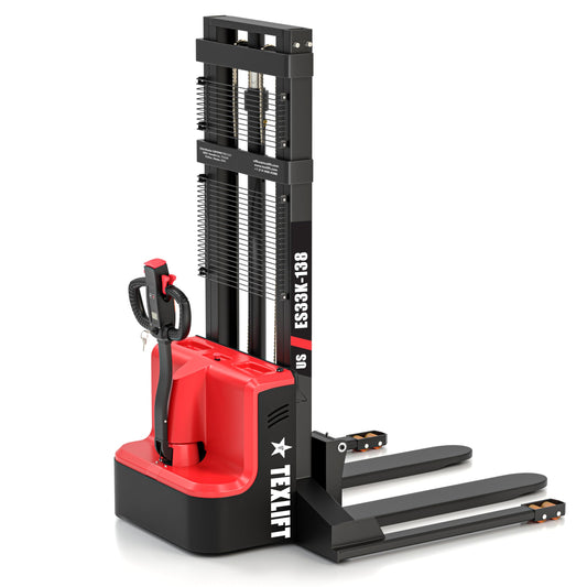Full Electric Forklift Walkie Pallet Stacker with Fixed Straddle Legs and Adjustable Forks 5.50 Inch to 27 Inch – Material Lifter 3300lbs Capacity 12Ft/138 Inch Lifting Heights - (US-ES33K-138)