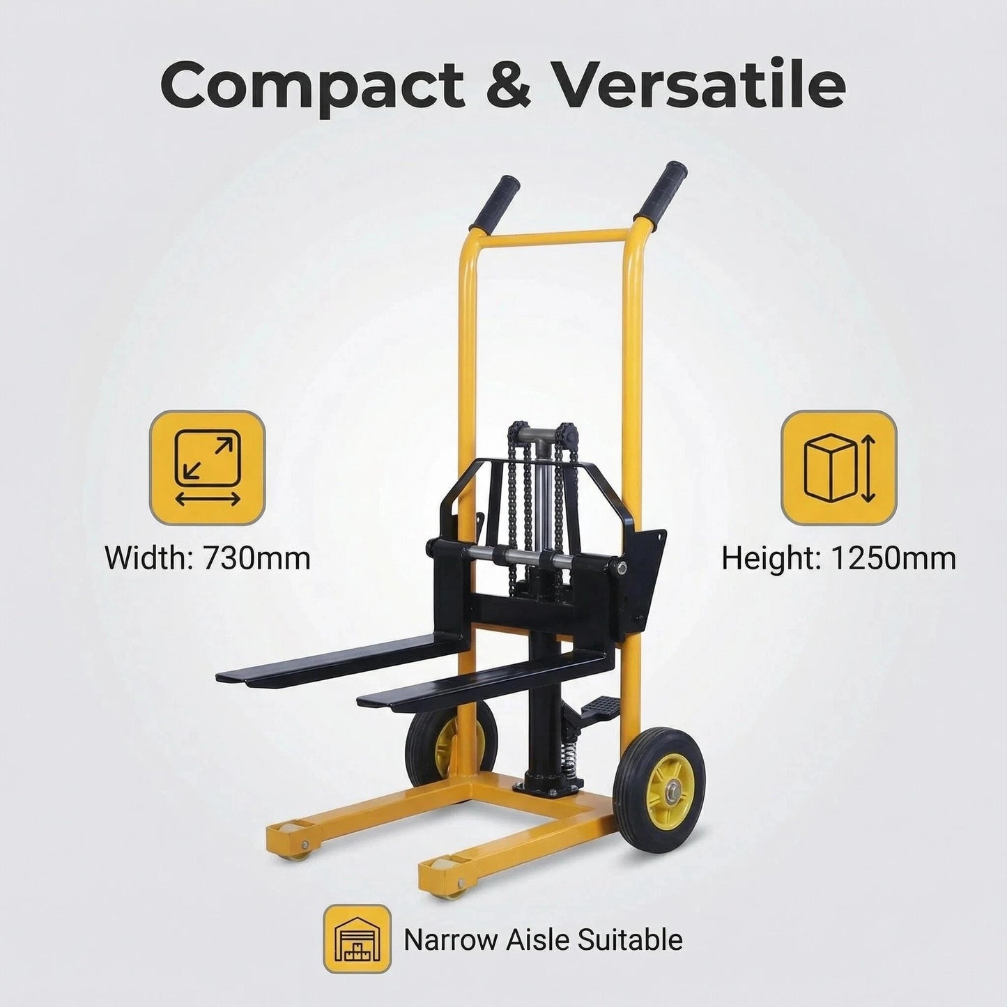 Hand Pallet Stacker Manual Fork Lift Truck 200 kg Capacity, High Lift, Spring-Loaded Bottle Jack, Hydraulic Foot Pump - Compact, Durable for Domestic & Industrial Use