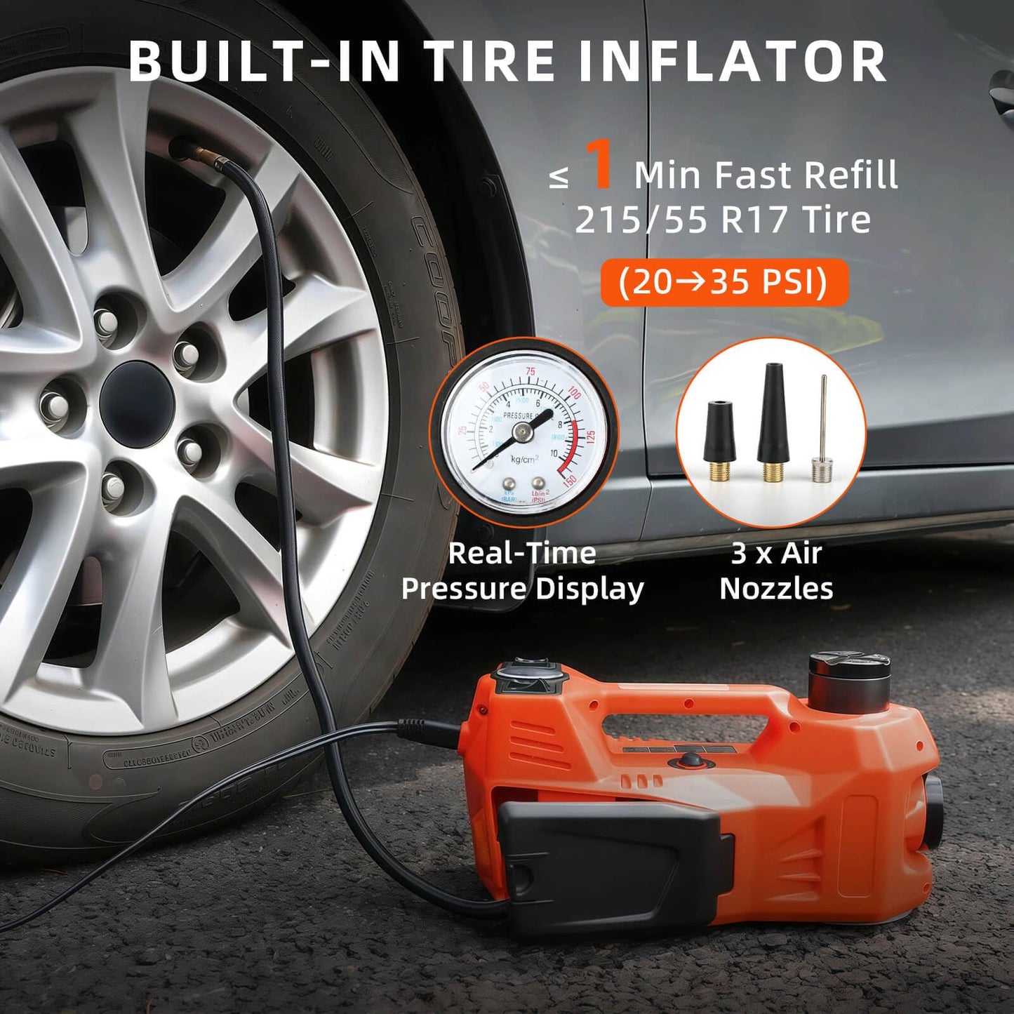 SEICETEC Electric Car Jack, 5 Ton Hydraulic Floor Jack with Electric Impact Wrench, Tire Inflator & LED Light, Lift Range 6.1-17.7 Inch, Emergency Roadside Tire Changing Kit for SUV Sedan Truck