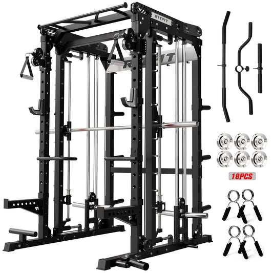 RitFit M2 Smith Machine with with Cable Crossover System, 3D Functional Trainer & Power Cage, 16 Adjustment Holes, 6 Storage Pegs for Full-Body Home Gym(M2-3D Black)