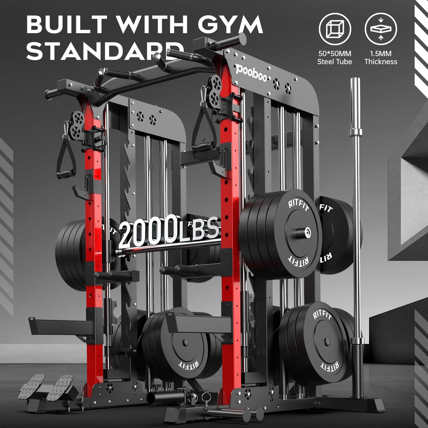 Power Rack Cage,2000LB Smith Machine Squat Rack,Home Gym Total Body Workout System Dual Pulley Cable Crossover Multi-Functional Workout Machine with Strength Training Attachments