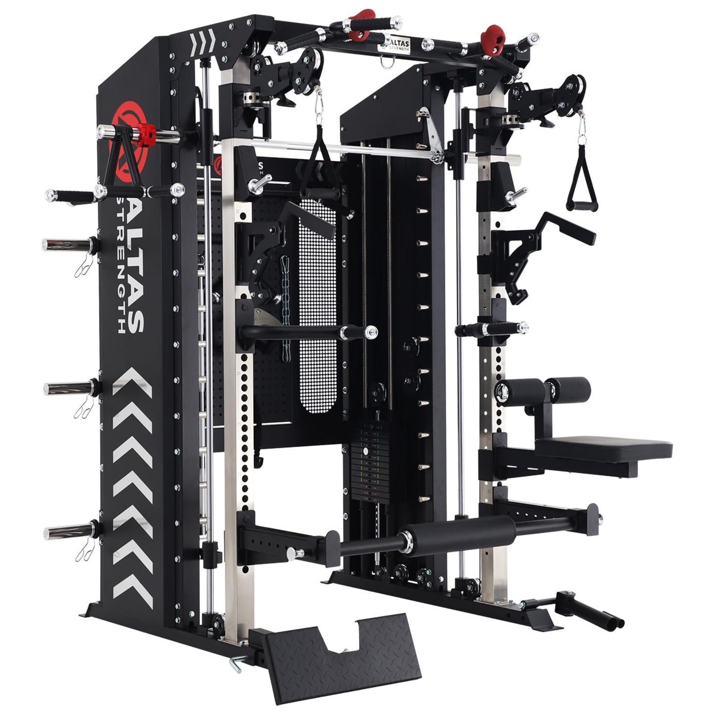 ALTAS STRENGTH Home Gym Equipment Smith Machine with Pulley System Gym Squat Rack Pull Up Bar Upper Body Strength Training Leg Developer Commercial Fitness Equipment Included Accessories 3000