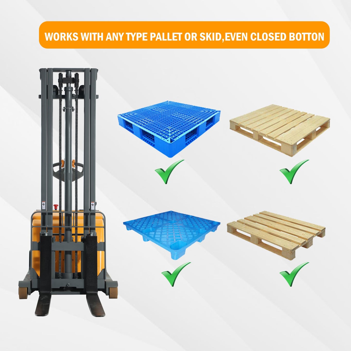 Apollo Full Electric Pallet Stacker, Counterbalanced Forklift, 3300 Lb. Capacity Material Lift, 118" Lifting Height Powered Pallet Lifter with Straddle Forks