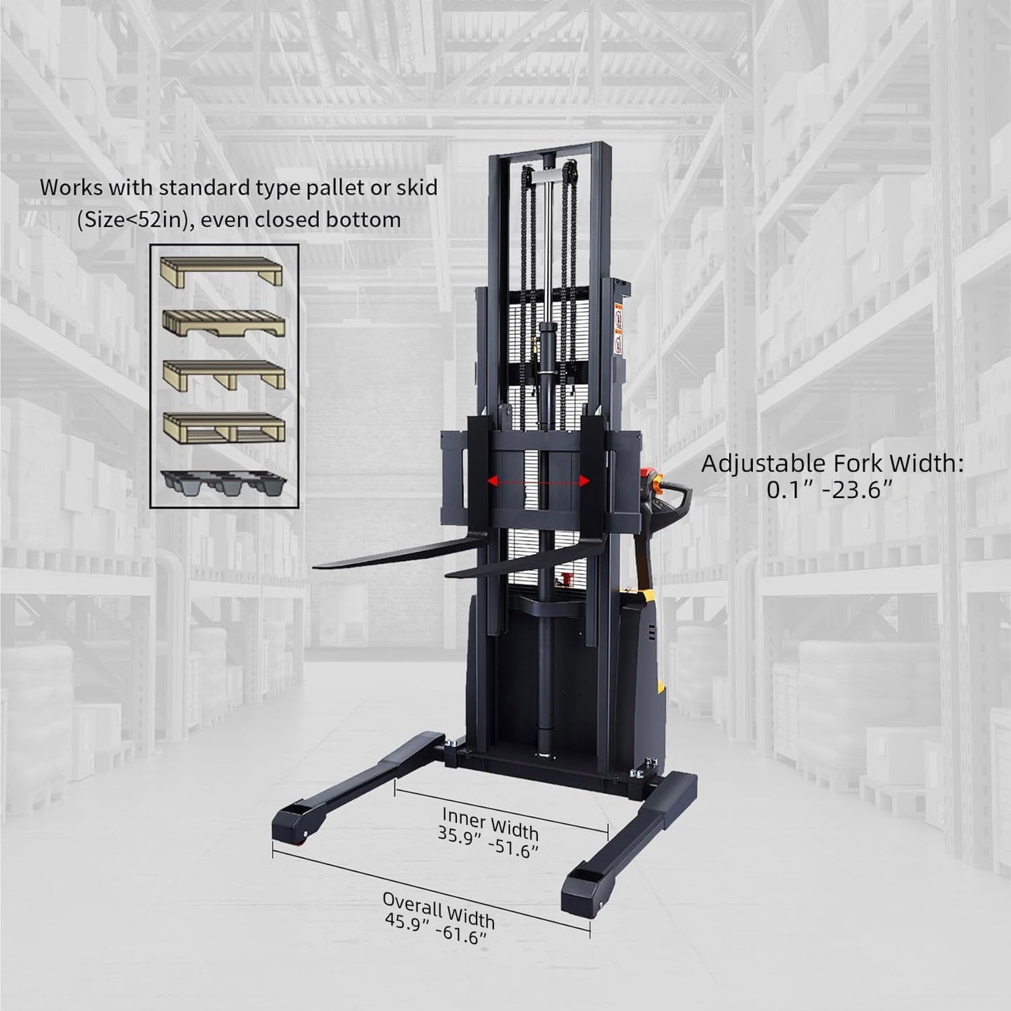 APOLLOLIFT Fully Powered Electric Stacker with Straddle Legs, 3300 lbs Capacity 98" Lift Height, Fully Electric Material Handling Lift Truck, with Adjustable Forks