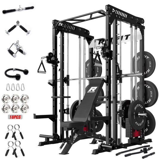 RitFit M1 Pro Smith Machine Package, All-in-One Power Cage with Weight Stack Set, Includes LAT Pulldown & Cable Crossover System for Home Gym