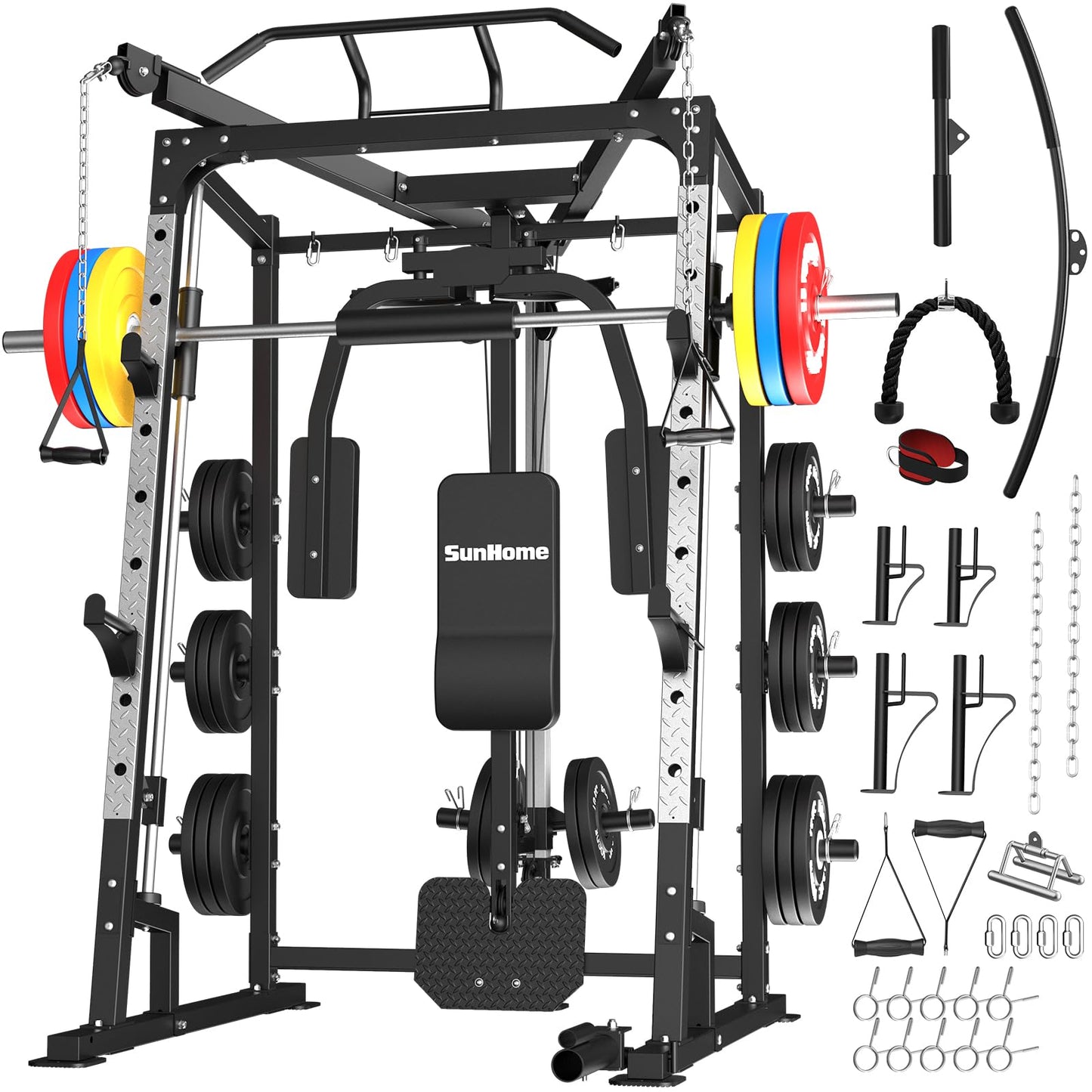 SunHome Smith Machine, Power Cage Squat Rack with Smith Bar, Two LAT Pull-Down Systems, Cable Crossover Machine and More Cable Attachment for Home Gym