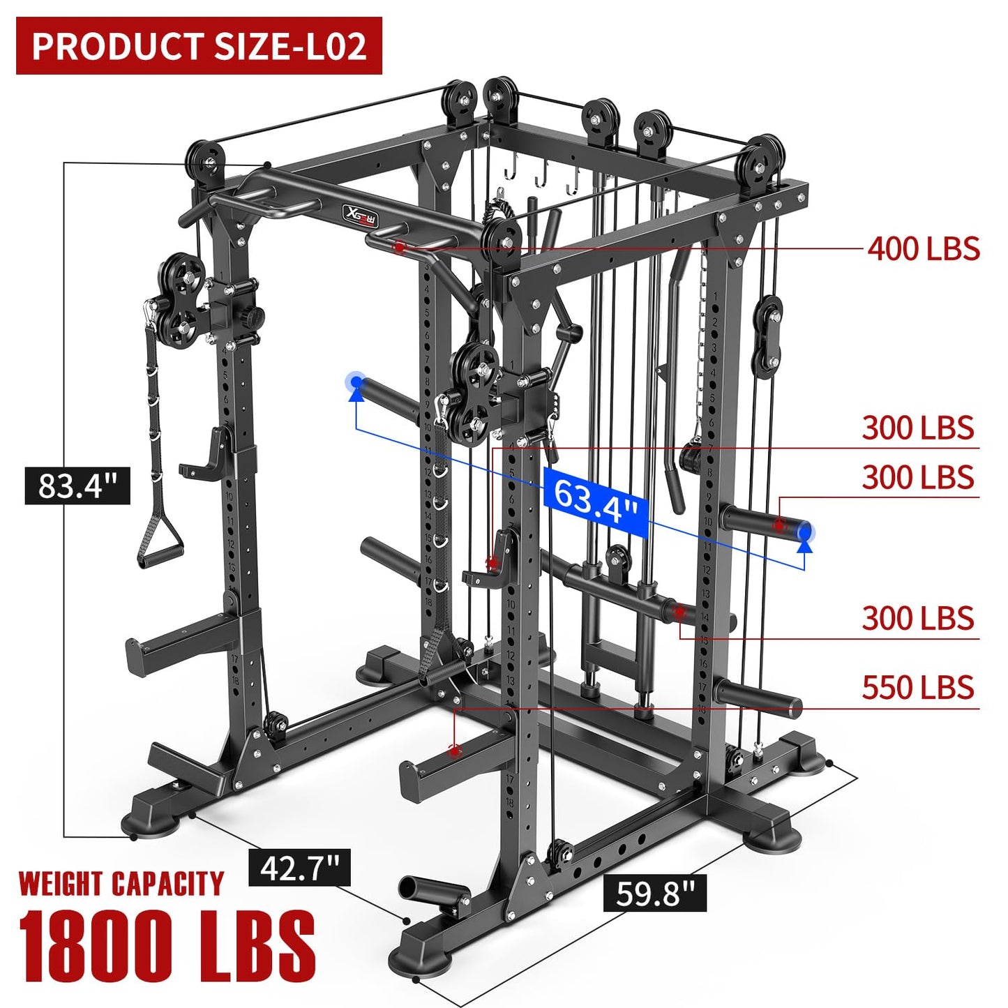 XGSW XINGESIWR Multi-Purpose Squat Rack,Smith Machine Weight Rack Set with Cable Crossover System, Home Gym Power Racks, Power Racks and Packages (L02, Power cage Black+Bench+Color BP 230LBS)