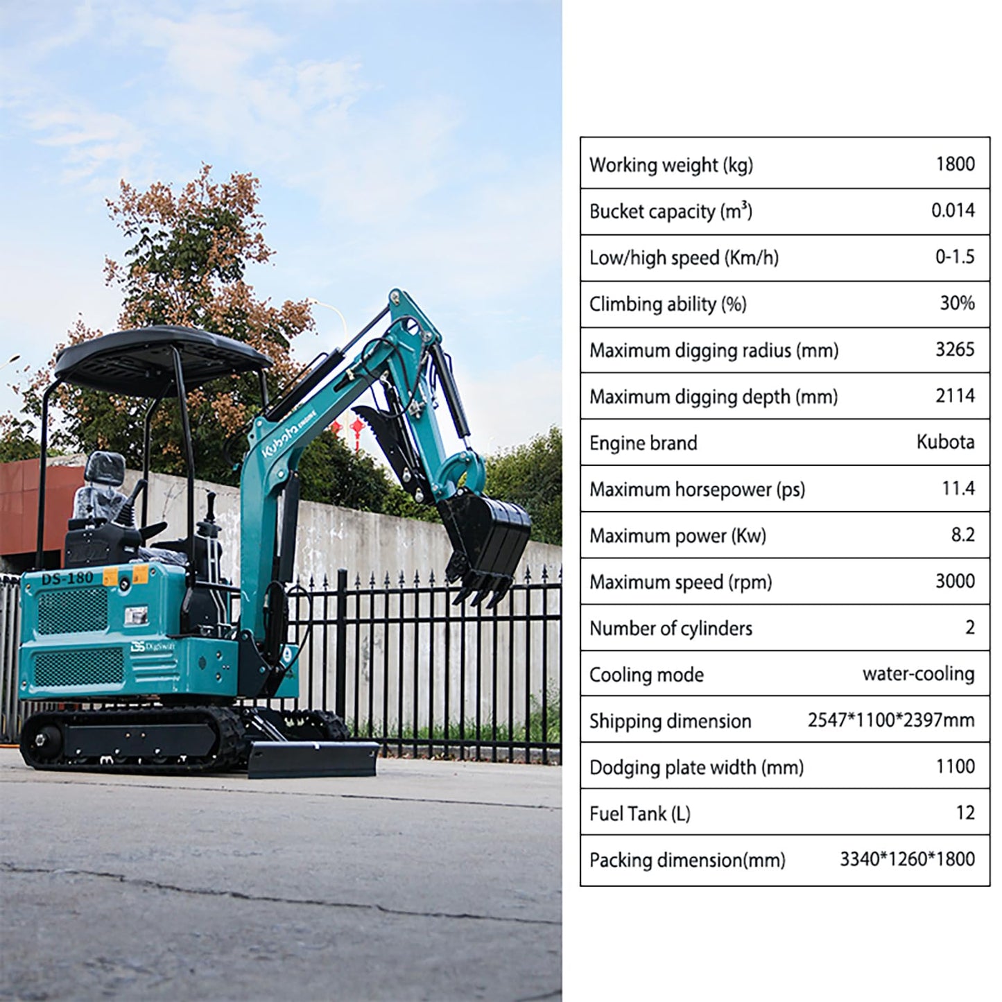 DigSwift DS-180, 1.8 Ton Diesel Mini Excavator with EPA Certified KubotaEngine, Pilot Control System, Hydraulic Thumb clamp，Bucket, US in Stock, Include 12 Months Parts Replacement Service