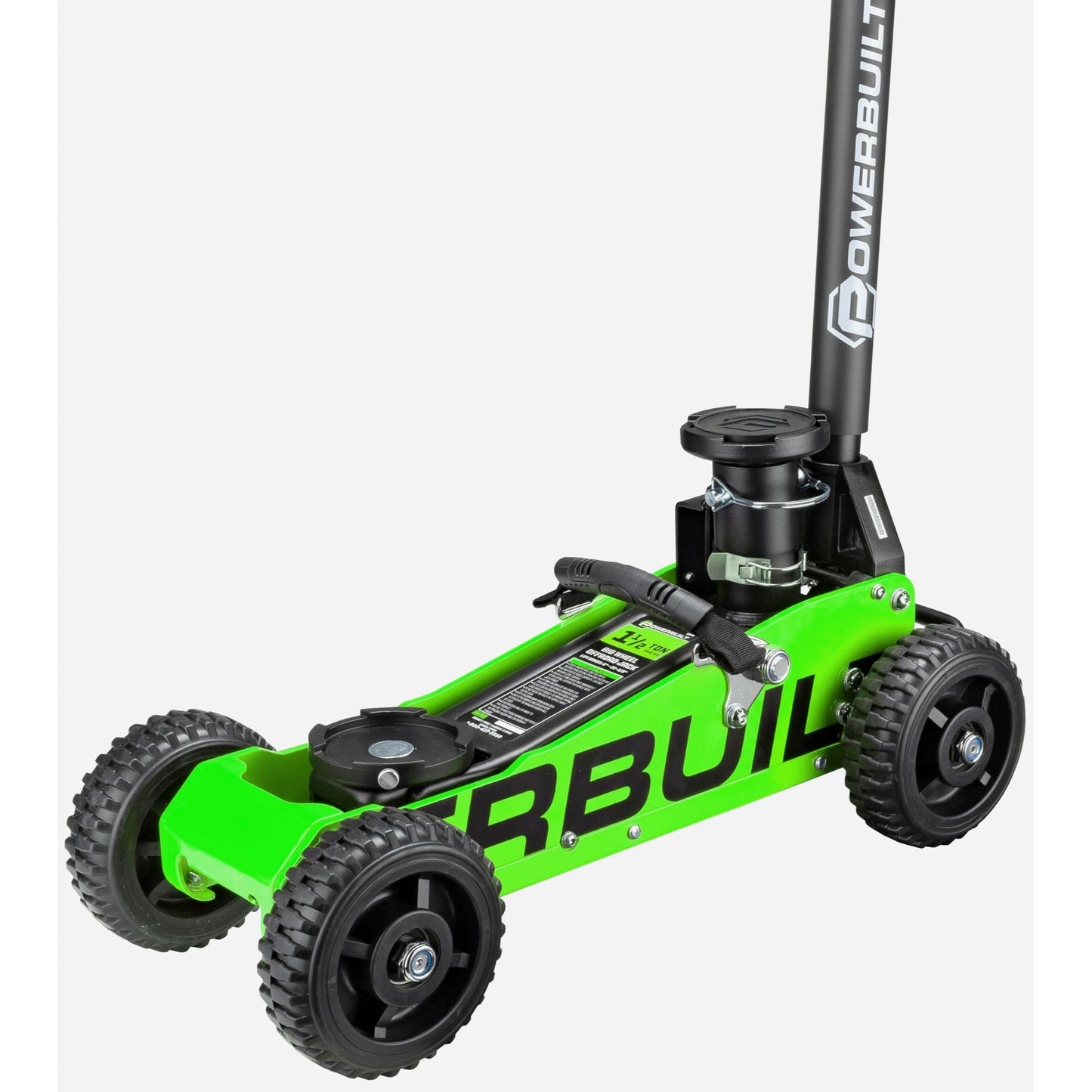 Powerbuilt 1.5 Ton Big Wheel Off Road Jack, Vehicle Lift for Trucks, SUVs, ATVs Offroad Vehicles, Oversized Wheels for Rugged Terrain, 3000 LB Capacity, Green 620628ECE