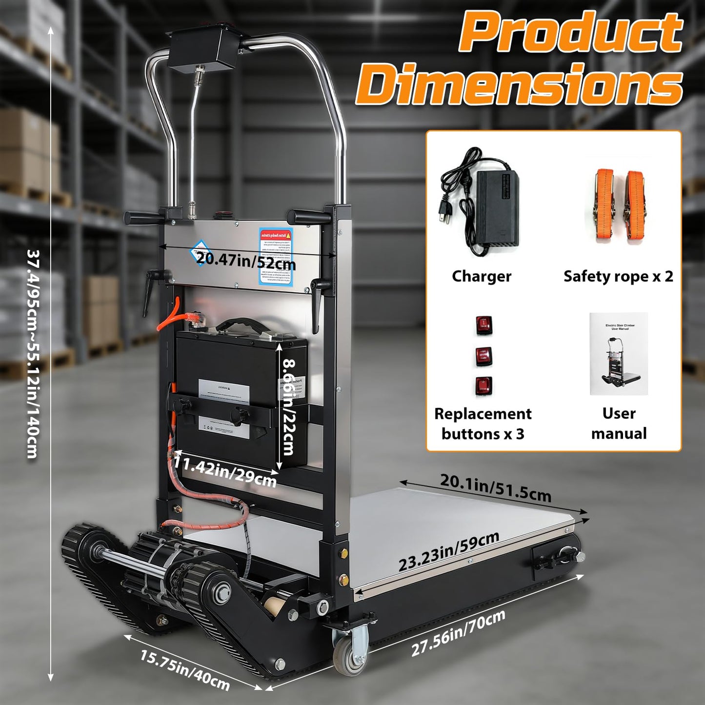 1200W Electric Stair Climbing Dolly, 900lbs Heavy Duty Stair Climber Trolley with Upgraded Tracks, Height-Adjustable Tray, Lithium Battery & Safety Rope for Warehouse, Black