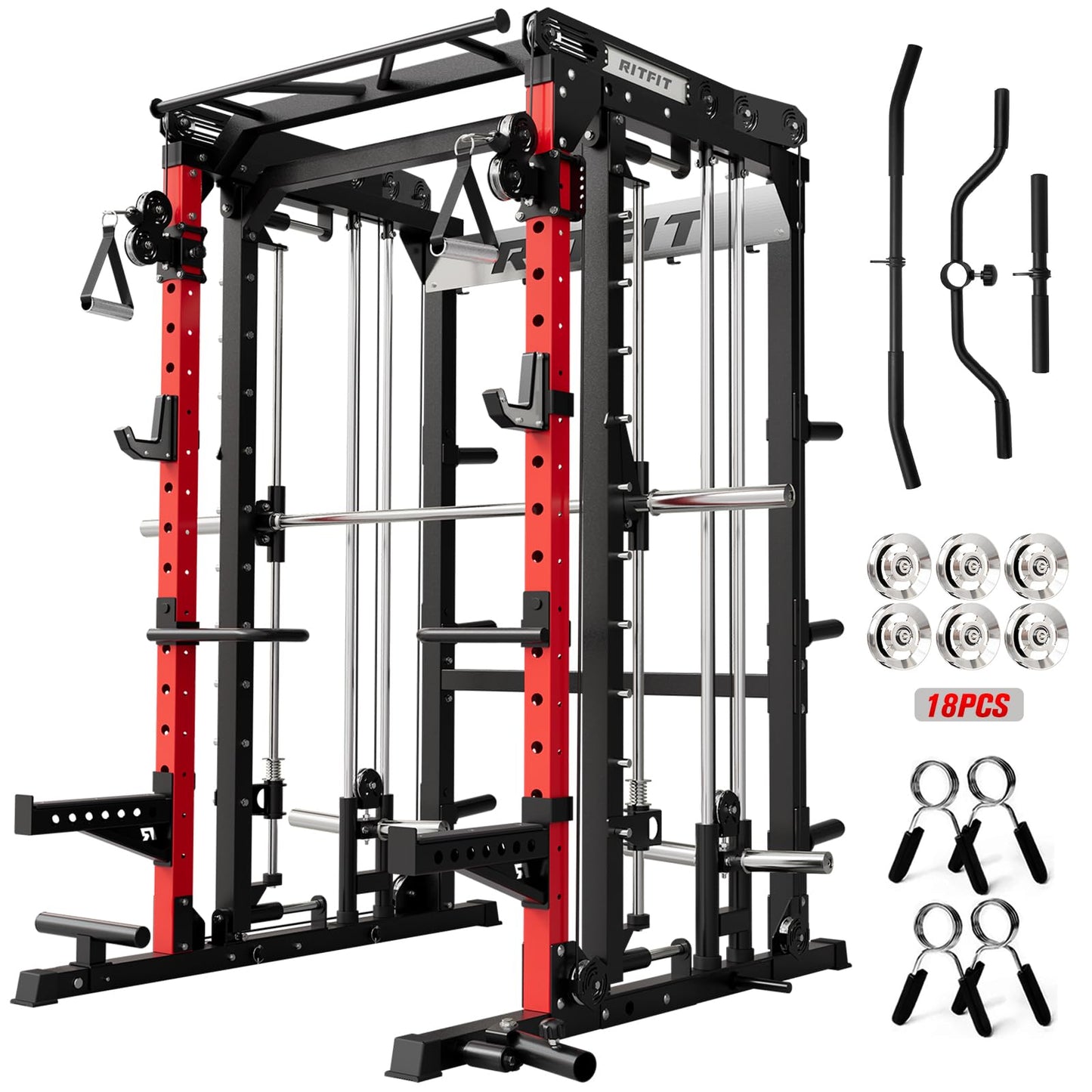 RitFit M2 Smith Machine with with Cable Crossover System, 3D Functional Trainer & Power Cage, 16 Adjustment Holes, 6 Storage Pegs for Full-Body Home Gym(M2-3D Red)